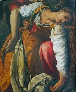 This woman wears a tawny petticoat with a red stomacher beneath. Detail from San Fiacre healing the sick by Alessandro Allori, c. 1596 