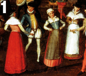 The woman in the center is wearing a petticoat bodies with a reddish skirt and blue bodice.