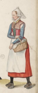 This servant wears a red petticoat with a green stomacher beneath it and sleeves pinned to the shoulder straps. Lucas de Heere, c. 1570 