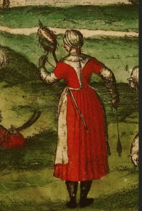 The shepherdess wears a red petticoat over her smock, one with short sleeves. Detail from Civitates Orbis Terrarum, c. 1586