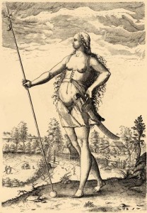 Native American woman wearing a "petticoat-like gown". A Briefe and True account of the New Found Land of Virginia by Thomas Hariot, 1588. 