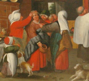 A bride being prepared for her wedding wears a red petticoat beneath her gown, as does the woman assisting her. Detail from A Peasant Wedding by Marten van Cleve, c. 1550s-1560s