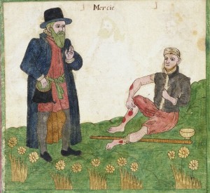 Depiction of the virtue "Mercy"--a man helping a leper. Trevilian Miscellany, 1602