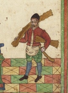 Detail of a servant bringing wood for the fire. Trevilian Miscellaney, 1602