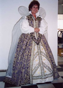 Gown and wired veil. All parts of this gown are made to alcega's measures. This woman was a flawless fit model size for the standard Alcega patterns